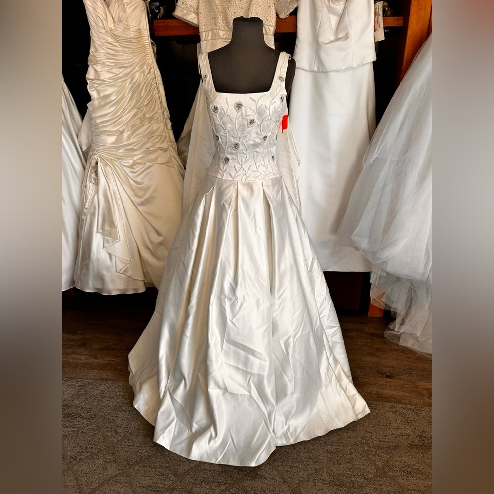 White Embroidered Satin Dress with Square Neck